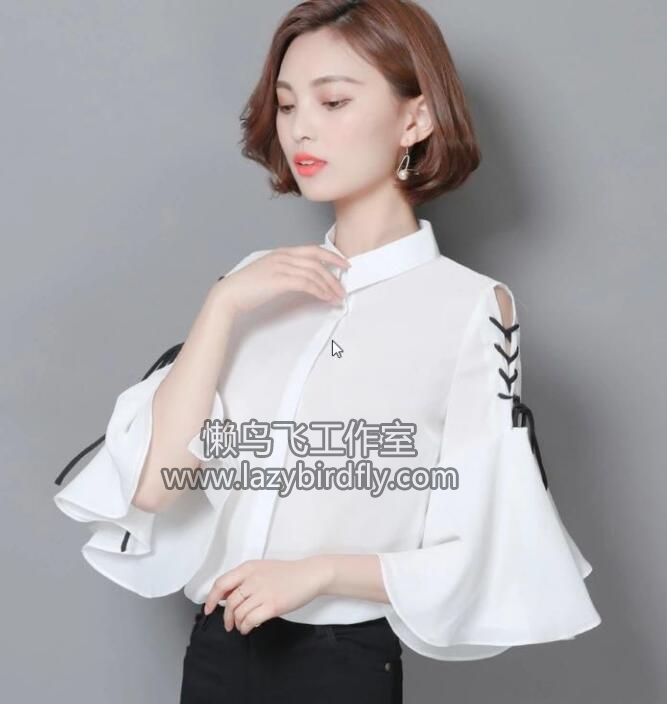 雪纺衫女韩版七分喇叭袖系带露肩